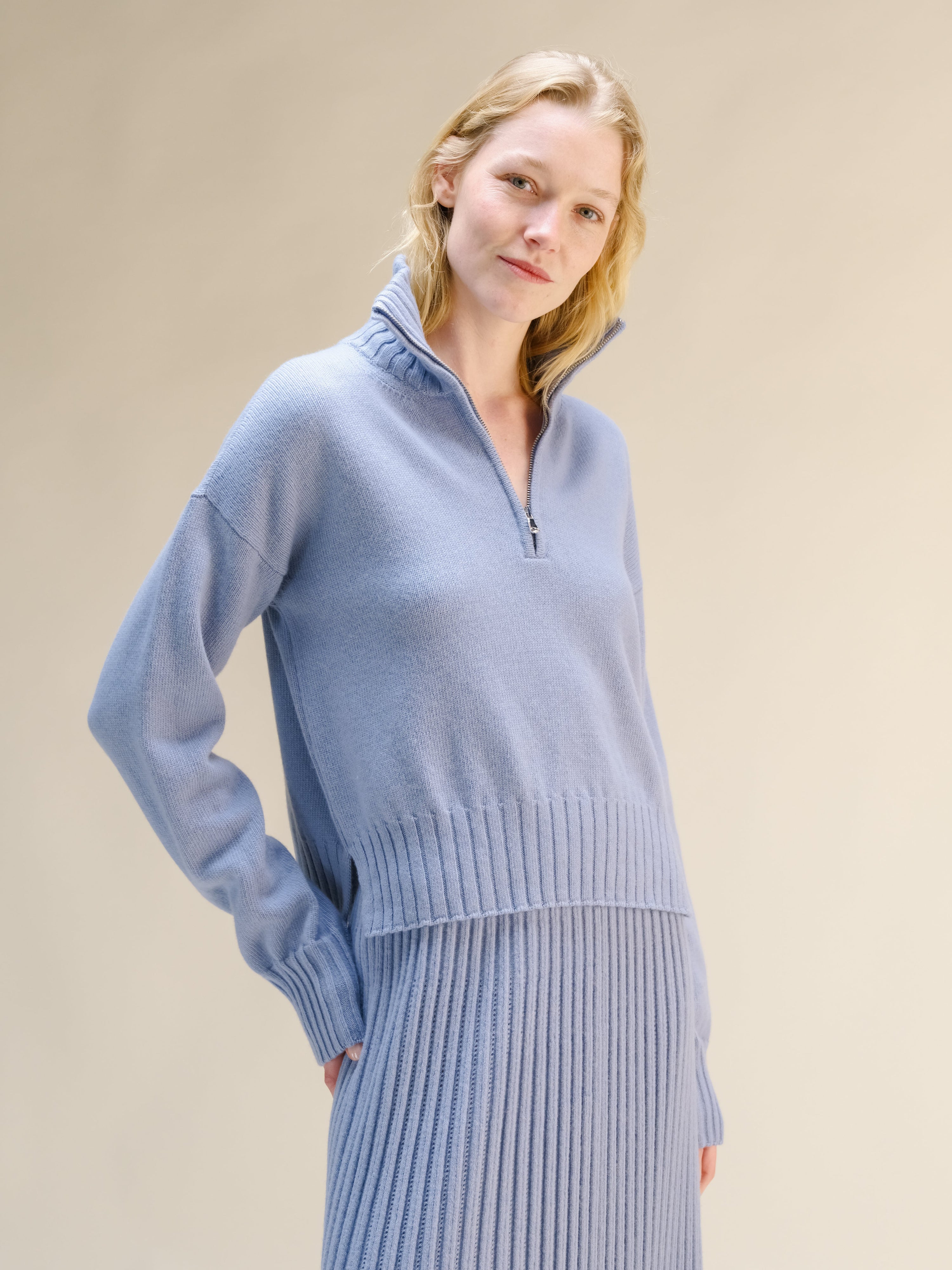 Cashmere Mix High Neck Sweater with Zip