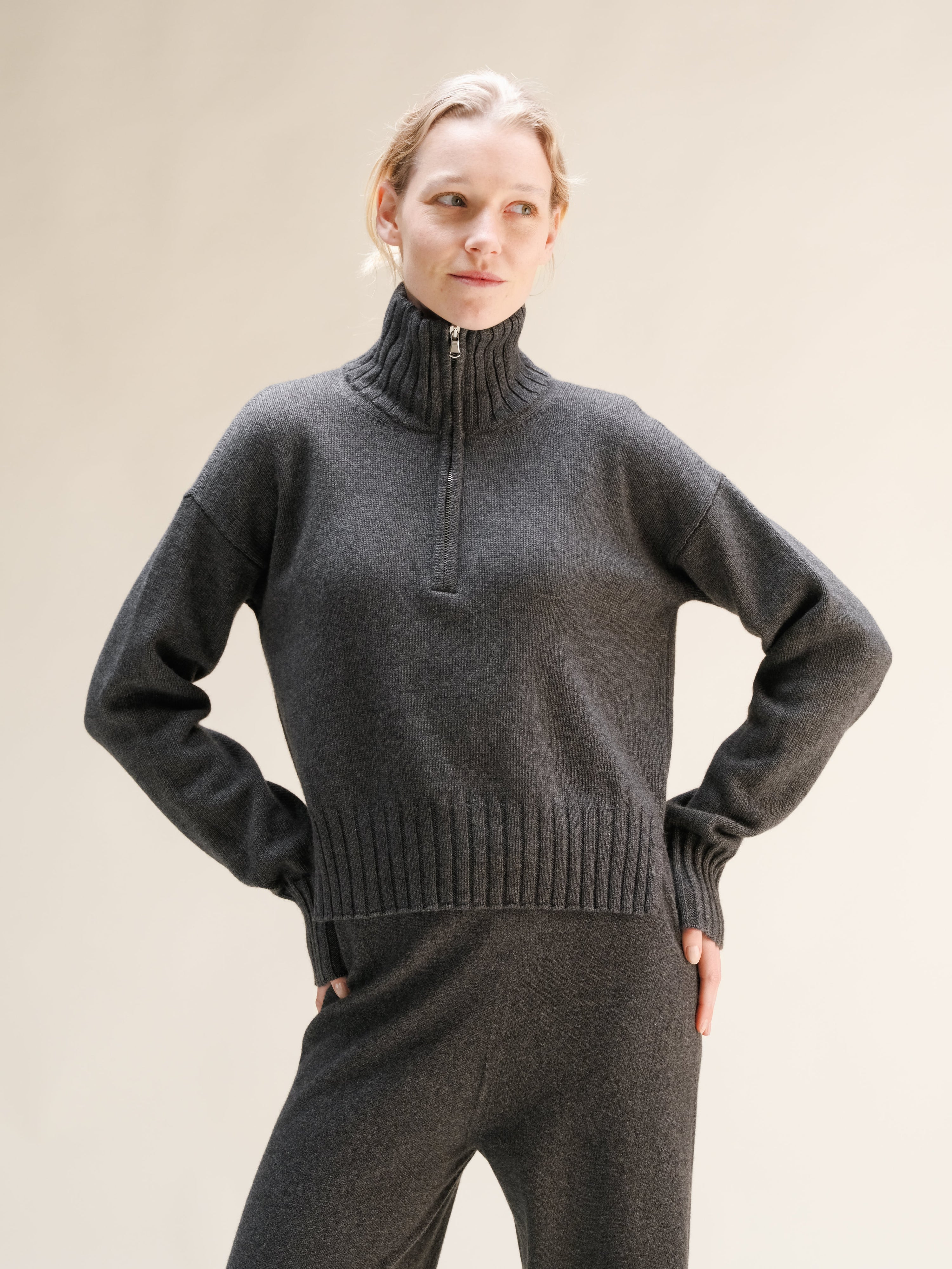 Cashmere Mix High Neck Sweater with Zip